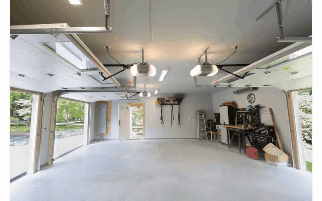 New garage addition. Interior view of tidy garage with white floor and three white garage doors, all open.