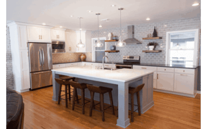 Transitional kitchen remodel with large island and recessed lighting.
